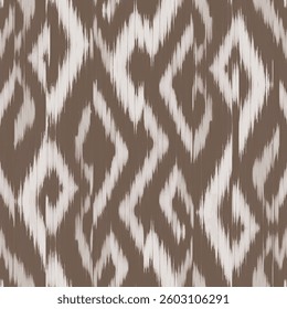 Brown white curved ikat layout, fashion surface with plain silk curtain, hand draw elements in zigzag flow, blurred threads join symmetrical ogee, colorful stripe ornament, folklore detail ethnicity