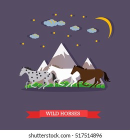 Brown, white and dappled wild horses galloping near mountains on night nature background. Vector illustration in flat style