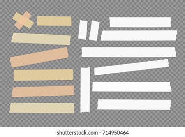 Brown and white different size adhesive, sticky tape, paper pieces.