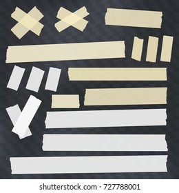 Brown and white different size adhesive, sticky, scotch tape, paper pieces.