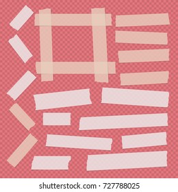 Brown and white different size adhesive, sticky, scotch tape, paper pieces on red squared background.