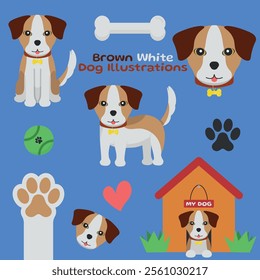 Brown and White Dog - Cute Illustrations in Different Poses, Sitting, Side, Head, Paw and Lying in Doghouse. Cartoon in Flat Design.