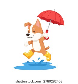A brown and white dog jumping over a blue puddle. The dog is wearing his trademark yellow rain boots and holding a closed red umbrella like a walking stick. Flat vector mascot design.