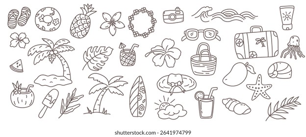 A brown and white drawing of beach items with a summer theme. The drawing includes a variety of food items such as coconut trees, surfboards, drinks, fruits, leaves, and waves.