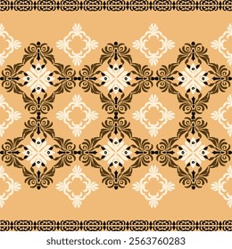 Brown and white elaborated border damask seamless vector background. Baroque-style pattern. Graphic ornate pattern for wallpaper, backdrop, saree, and curtains.
