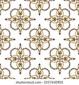 Brown and white embroidery, motif ethnic ikat seamless textile illustration, print striped ornament, pattern, design for wrapping, silk, scarf, clothing, background, textile, carpets, curtains.