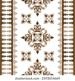 Brown and white ethnic boho seamless pattern. Ethno ornament. Tribal art repeatable background. Fabric design, wallpaper, wrapping, tiles, pottery. Damask geometric vector pattern.