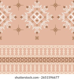 Brown e branco floral ponto-cruz étnico boho padrão sem costura. Padrão tribal. Motivo popular. Padrão de pixel para papel de parede, bordas elaboradas, tapeçaria, tapetes, cortinas e têxteis.