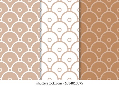 Brown and white geometric ornaments. Set of seamless patterns for web, textile and wallpapers