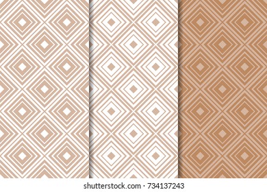 Brown and white geometric ornaments. Set of seamless patterns for web, textile and wallpapers