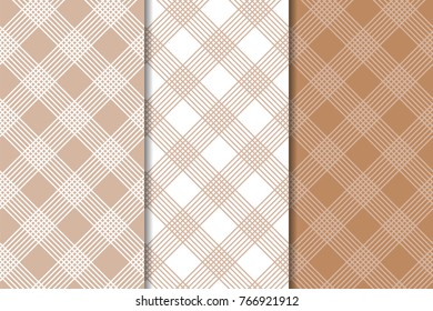 Brown and white geometric ornaments. Set of seamless patterns for web, textile and wallpapers
