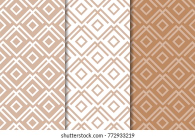 Brown and white geometric ornaments. Set of seamless patterns for web, textile and wallpapers
