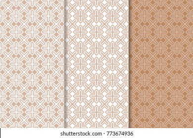 Brown and white geometric ornaments. Set of seamless patterns for web, textile and wallpapers