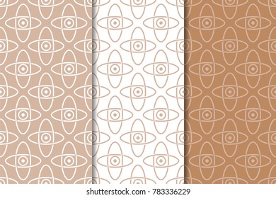 Brown and white geometric ornaments. Set of seamless patterns for web, textile and wallpapers