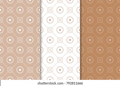 Brown and white geometric ornaments. Set of seamless patterns for web, textile and wallpapers