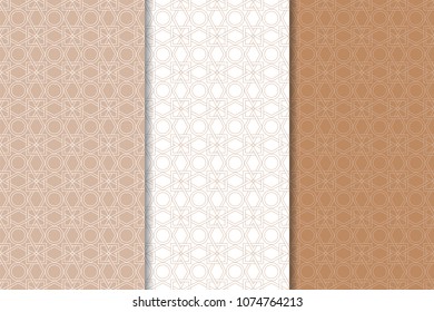 Brown and white geometric seamless patterns for web, textile and wallpapers