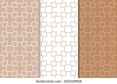 Brown and white geometric set of seamless patterns for web, textile and wallpapers
