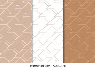 Brown and white geometric set of seamless patterns for web, textile and wallpapers