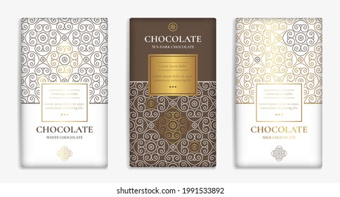 Brown, white and gold luxury packaging design of chocolate bars. Vintage vector ornament template. Elegant, classic golden elements. Great for food, drink and other package types. 