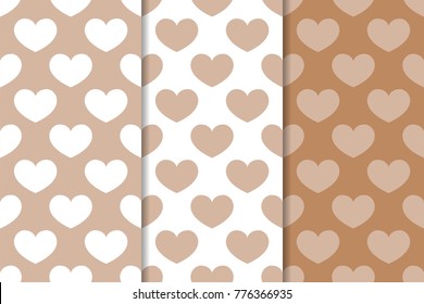 Brown and white hearts as seamless patterns. Romantic vertical backgrounds. Vector illustration