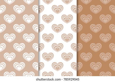 Brown and white hearts as seamless patterns. Romantic vertical backgrounds