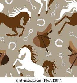 Brown and white horse, saddle and horseshoe silhouette seamless pattern. Vector illustration.