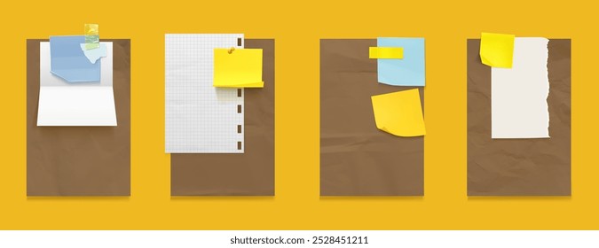 Brown and white with pattern, blue and yellow sticker memo note paper attached with transparent adhesive tape and pin. Realistic 3d vector blank flat and crumpled reminder and to do sheet template.