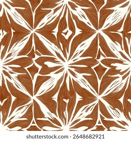 Brown and white pattern, symmetrical design, simple line drawing, Woodblock print seamless pattern, seamless repeating vector pattern, design and pattern for textile print. Vector illustration.