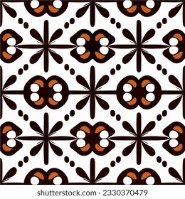 Brown and white patterns decorate a white background, resembling patterned tilework. With a peppermint motif and art nouveau influences, this design adds a touch of sophistication to any surface.