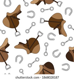 Brown and white saddle and horseshoe silhouette seamless pattern. Vector illustration.