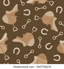 Brown and white saddle and horseshoe silhouette seamless pattern. Vector illustration.