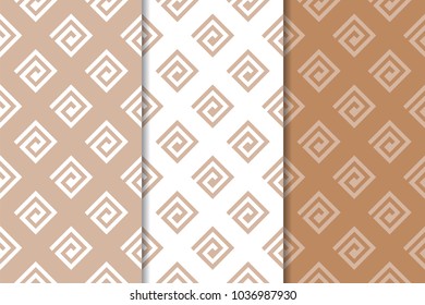 Brown and white set of geometric seamless patterns for web, textile and wallpapers