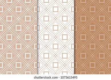 Brown and white set of geometric seamless patterns for web, textile and wallpapers