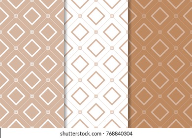 Brown and white set of geometric seamless patterns for web, textile and wallpapers