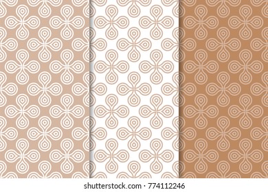 Brown and white set of geometric seamless patterns for web, textile and wallpapers
