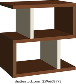 A brown and white shelf with a white trim. The shelf is square and has three shelves. The shelf is made of wood and has a modern design. Nightstand vector illustration isolated on white background