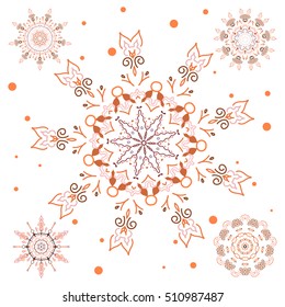 Brown and white simple Christmas set - five varied Xmas snowflakes with dots. Happy New Year winter background. Vector design for textile, wallpaper, fabric, wrapping paper.
