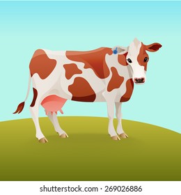 Brown and white spotted cow with bell, side view, isolated