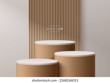 Brown and white stand product podium set 3D background with vertical wood pattern scene. Minimal wall scene mockup product stage for showcase, Banner promotion display. Abstract vector geometric forms