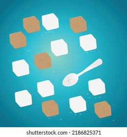 Cubos de azúcar marrón y blanco y una cuchara de té