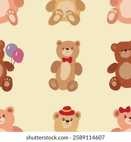 Brown and white teddy bears holding balloons in a seamless pattern
