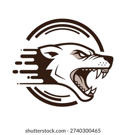 A brown and white wolf head logo with a circular design