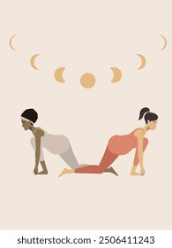 Mujeres de color marrón y blanco haciendo yoga y cartel de la fase lunar