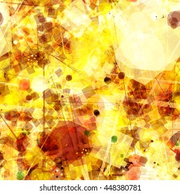 Brown, white and yellow abstract seamless vector pattern. Spots, lines, stripes, square. Mixed random. Overlap, overlay, translucency. For fabrics, wrapping paper, printing. Watercolor effect.