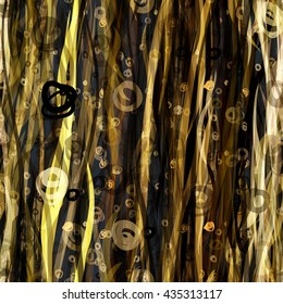 Brown, white, yellow and black. Hand drawn curved stripes and circles. Stylized floral pattern. Abstract seamless vector background. Easy editing. For fabric, printing, wrapping paper.