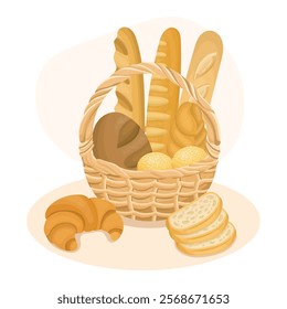 Brown wicker basket with bread, fresh baked baguette and croissant, on white background, modern illustration