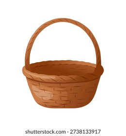 A brown wicker basket with a handle. Vector illustration. A household object for Easter themes, food and farming concepts, rural design, packaging, branding, stickers, children illustrations, print materials, advertising layouts.