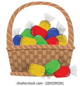 Brown wicker basket with multi -colored sweets isolated on a whitr background