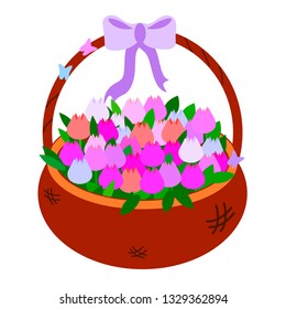 Brown Wicker basket with tulips of pink shades. Vector illustration colorful object for baby educational cards. With a purple bow and butterflies. Card for congratulations on March 8 or mothers Day