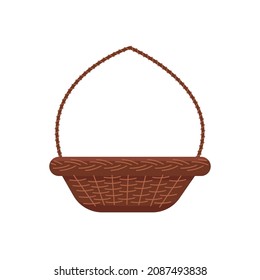 cesta vacía de mimbre marrón. cesta de mimbre de sauce tradicional de Pascua con asidero vacío. estilo minimalista. imagen aislada en fondo blanco